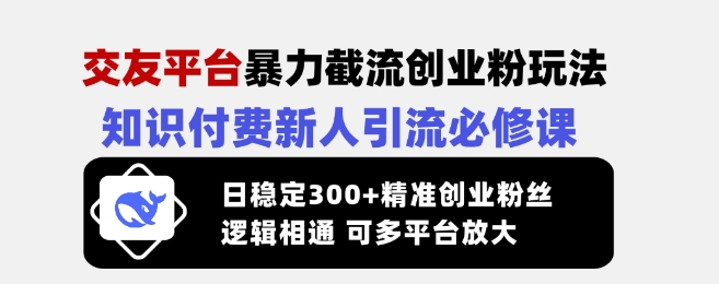 交友平台暴力截流创业粉玩法，知识付费新人引流必修课，日稳定300+精准创业粉丝，逻辑相通可多平台放大-黑鲨创业网