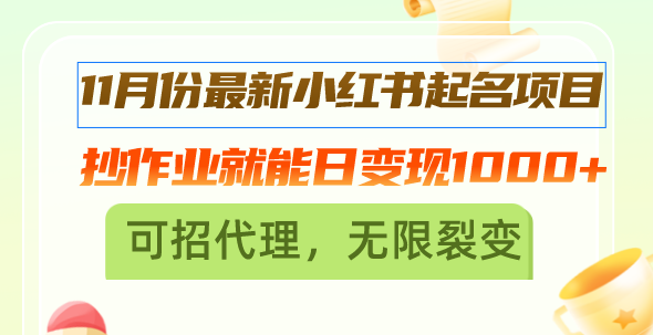 11月份最新小红书起名项目，抄作业就能日变现1000+，可招代理，无限裂变-黑鲨创业网