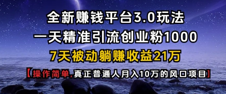 全新赚钱平台3.0玩法一天精准引流创业粉1000.7天被动躺Z收益21W【仅揭秘】-黑鲨创业网